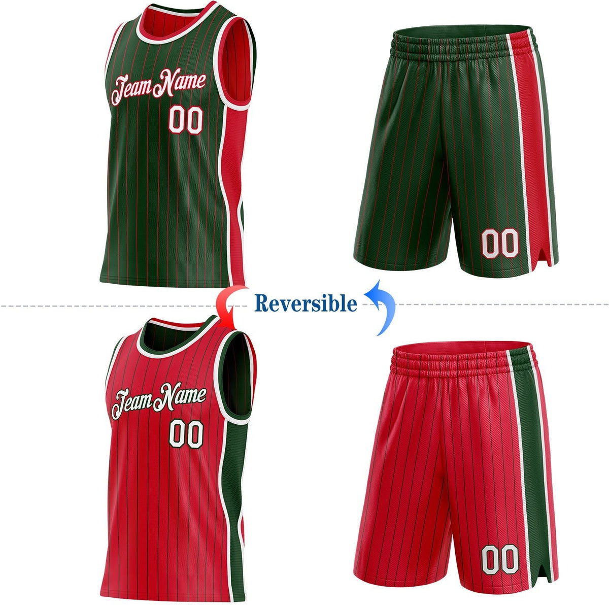 Custom Green Red Pinstripe-White Side Panels Reversible Double Side Sublimation Basketball Set Jersey photo 2