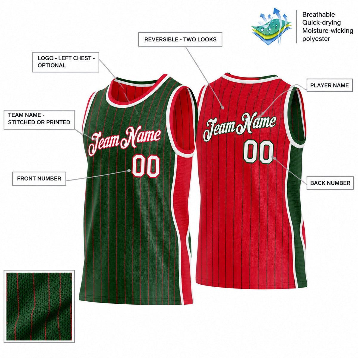 Custom Green and Red Side Panels Pinstripe Reversible Basketball Jersey Set with White Lettering customization guide