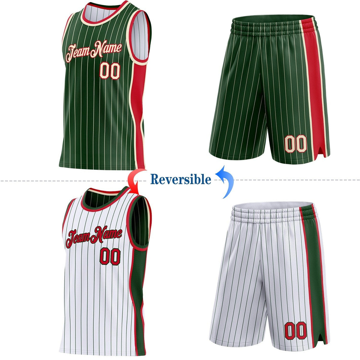Custom Green Cream & White Green Pinstripe Side Panels Reversible Double Side Sublimation Basketball Set Jersey photo 2