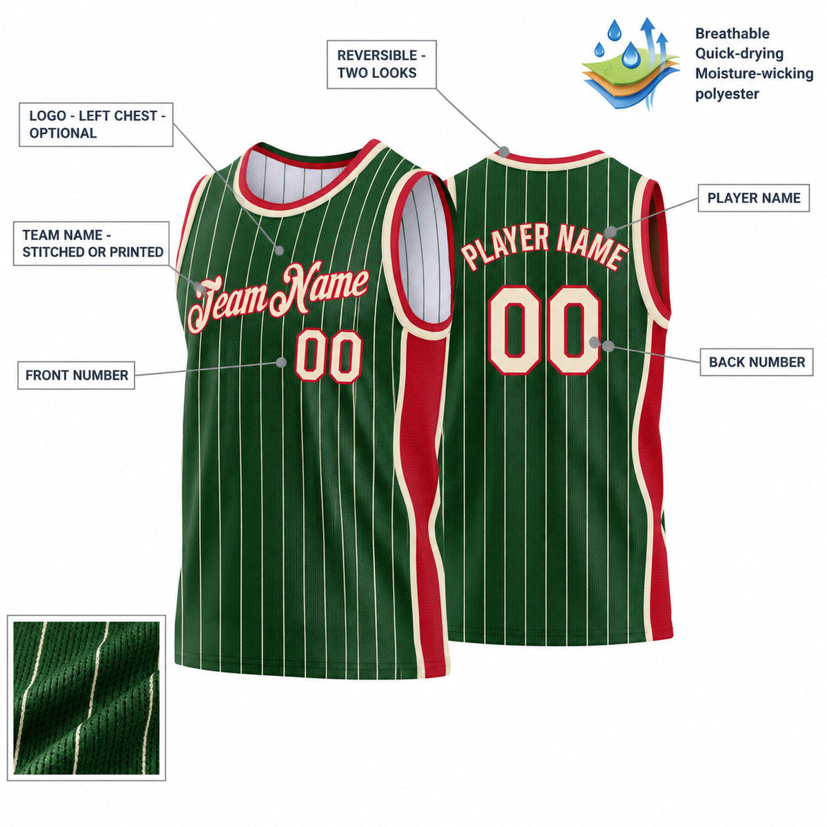 Custom Green Side Panels Pinstripe Reversible Basketball Jersey Set with Cream Lettering Design 1061 customization guide