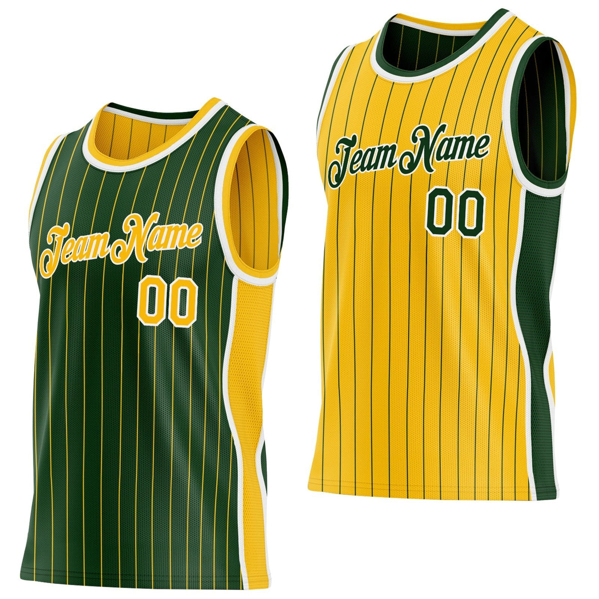 Custom Green Gold Pinstripe-White Side Panels Reversible Double Side Sublimation Basketball Set Jersey