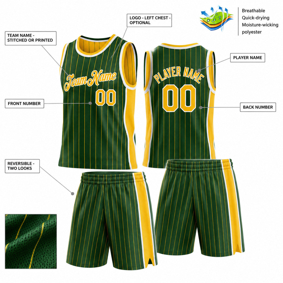 Custom Green and Gold Side Panels Pinstripe Reversible Basketball Jersey Set with White Lettering Design 1062 customization guide