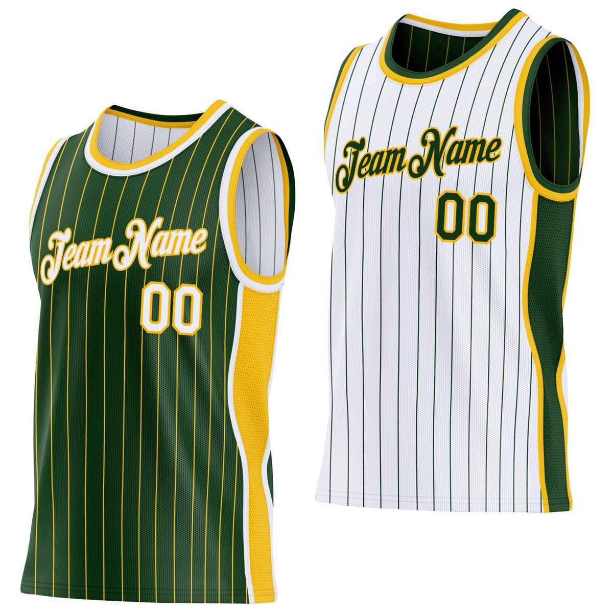 Custom Green Gold Pinstripe-White Side Panels Reversible Double Side Sublimation Basketball Set Jersey
