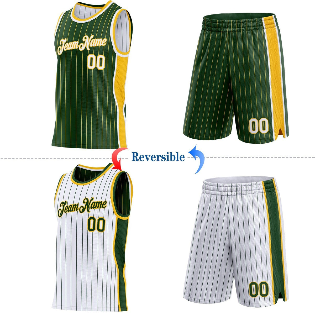 Custom Green Gold Pinstripe-White Side Panels Reversible Double Side Sublimation Basketball Set Jersey photo 2