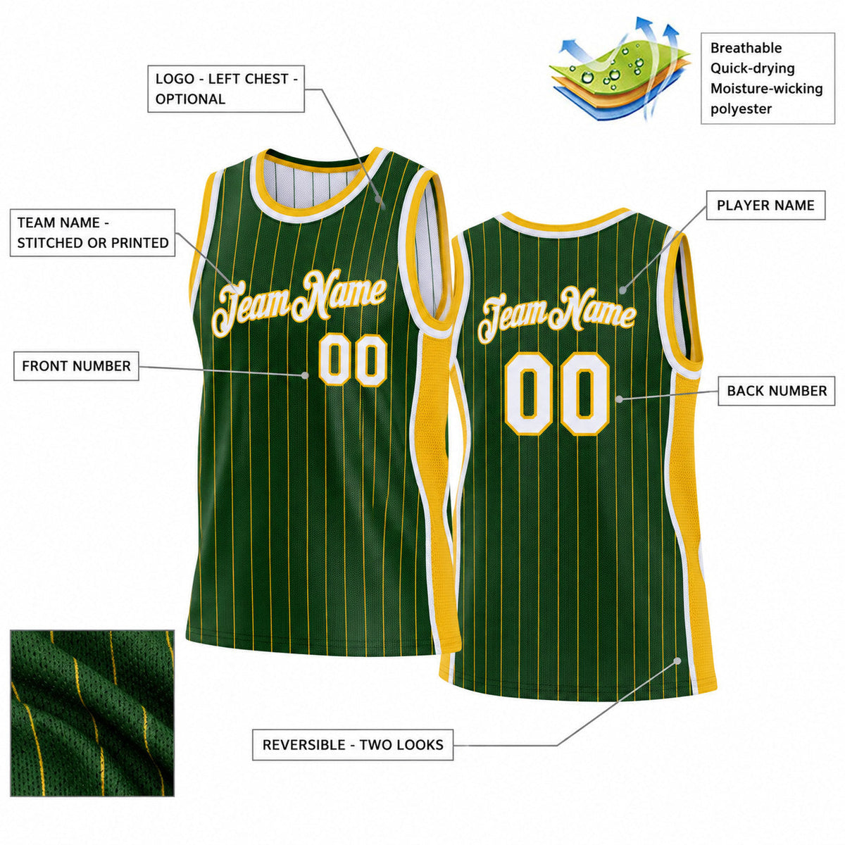 Custom Green and Gold Side Panels Pinstripe Reversible Basketball Jersey Set with White Lettering Design 1063 customization guide