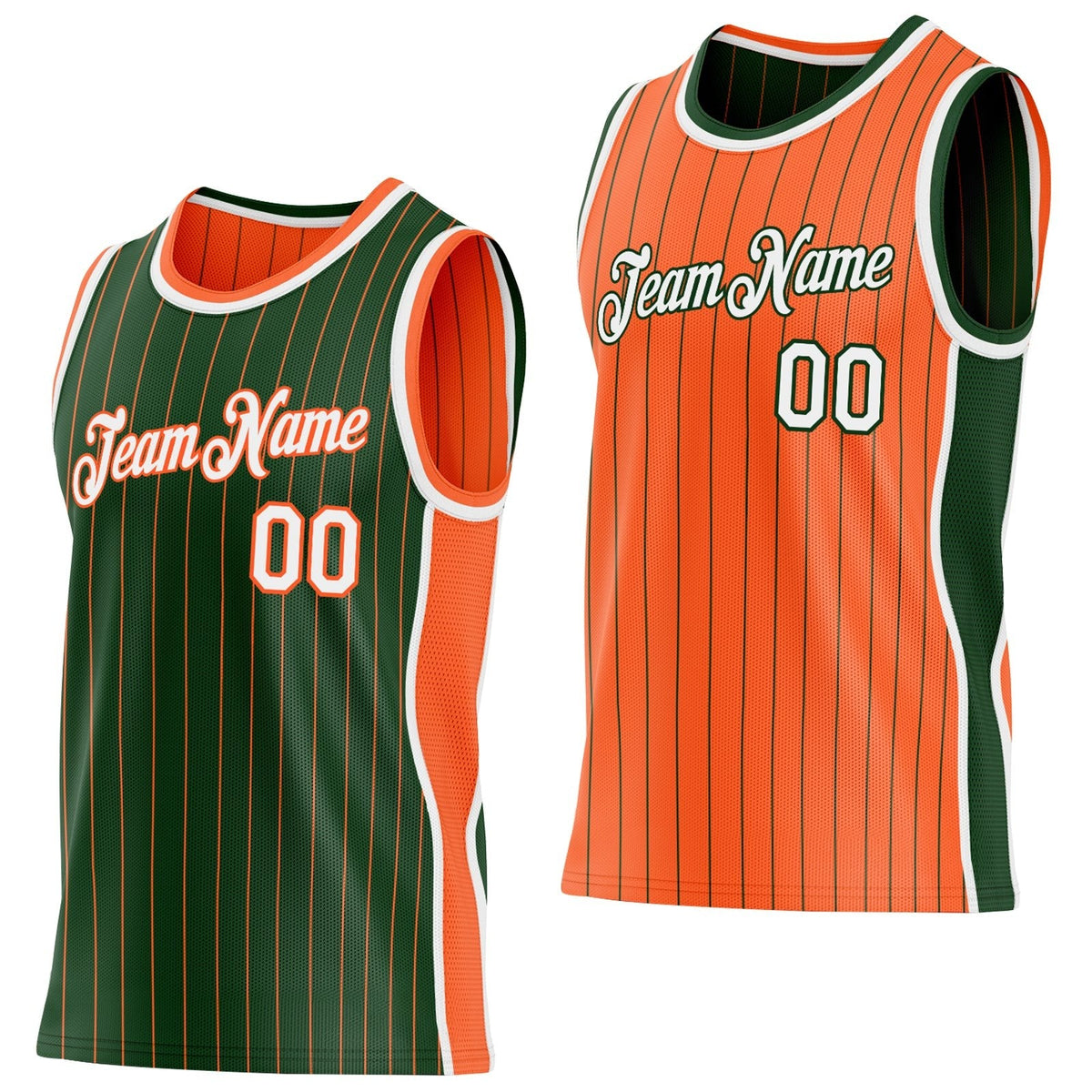 Custom Green Orange Pinstripe-White Side Panels Reversible Double Side Sublimation Basketball Set Jersey