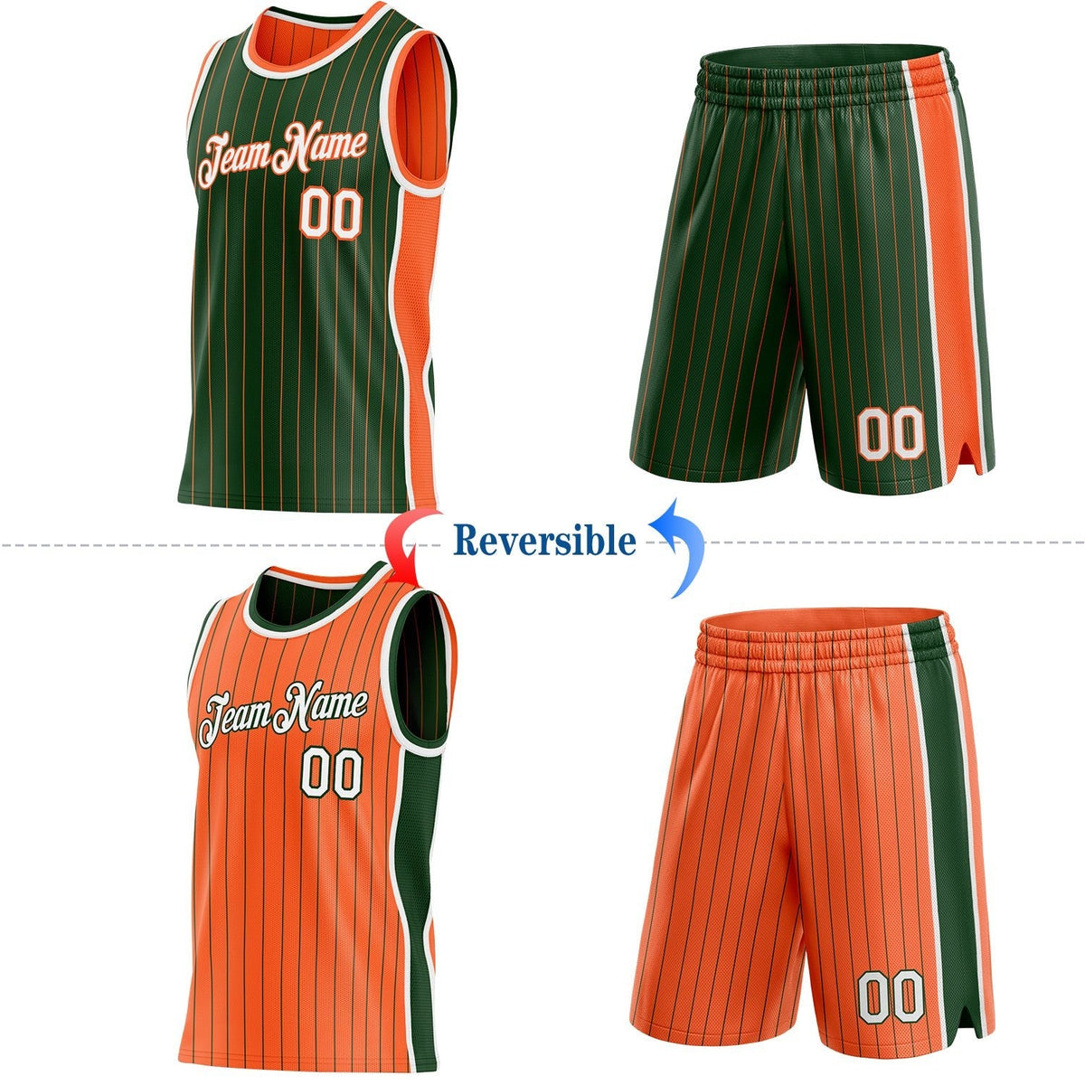 Custom Green Orange Pinstripe-White Side Panels Reversible Double Side Sublimation Basketball Set Jersey photo 2
