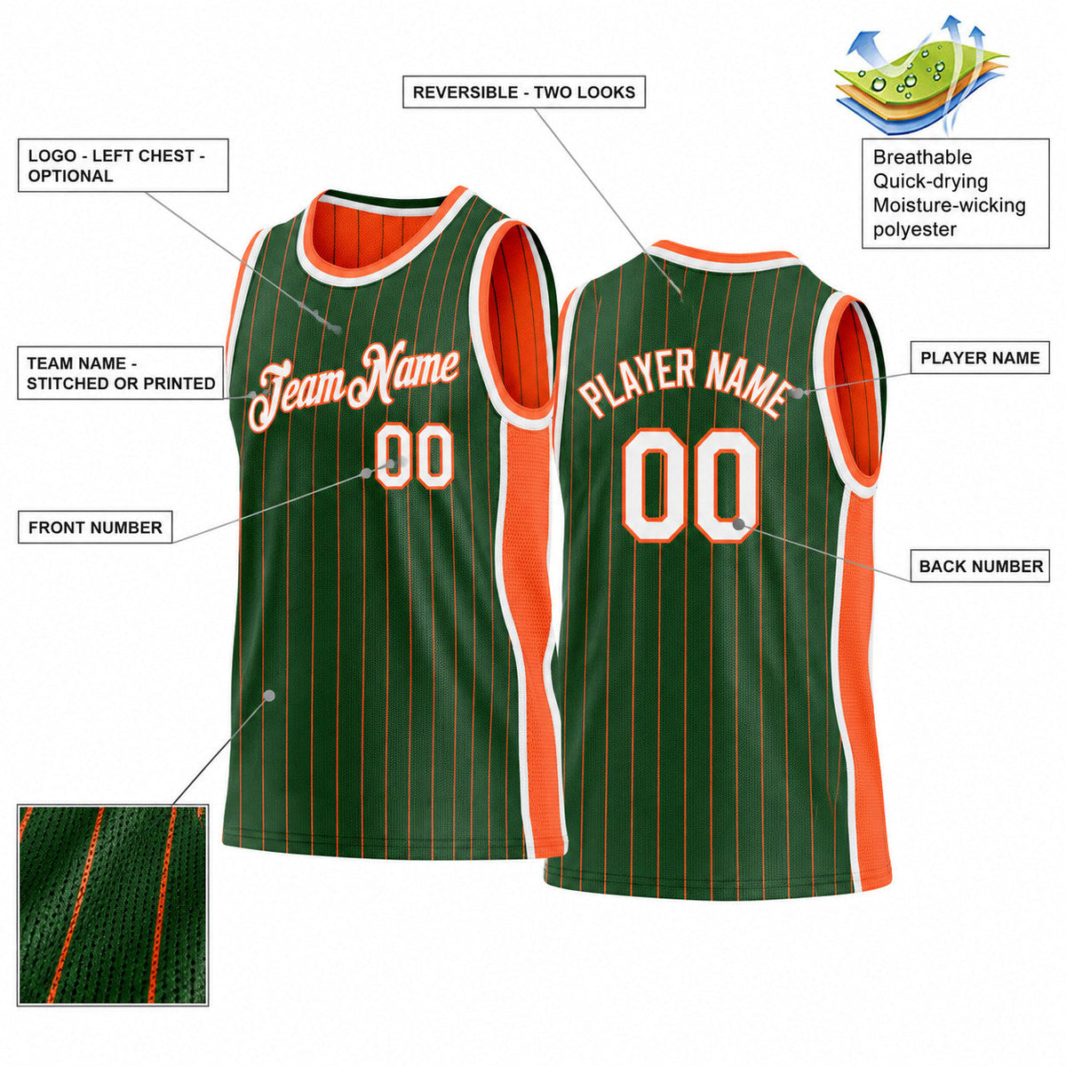 Custom Green and Orange Side Panels Pinstripe Reversible Basketball Jersey Set with White Lettering Design 1064 customization guide