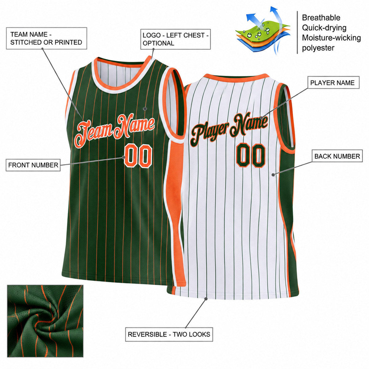 Custom Green and Orange Side Panels Pinstripe Reversible Basketball Jersey Set with White Lettering Design 1065 customization guide