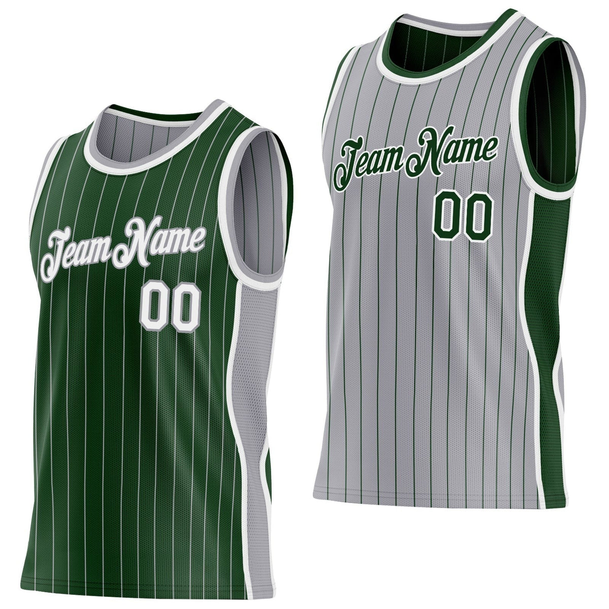 Custom Green Gray Pinstripe-White Side Panels Reversible Double Side Sublimation Basketball Set Jersey