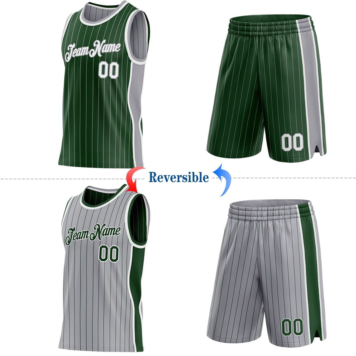 Custom Green Gray Pinstripe-White Side Panels Reversible Double Side Sublimation Basketball Set Jersey photo 2