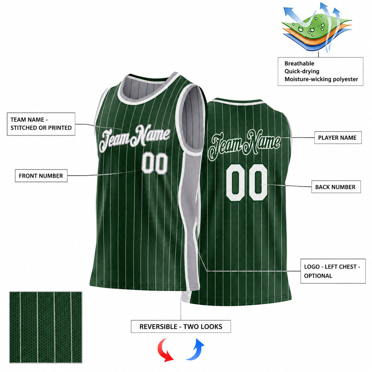 Custom Green and Gray Side Panels Pinstripe Reversible Basketball Jersey Set with White Lettering customization guide