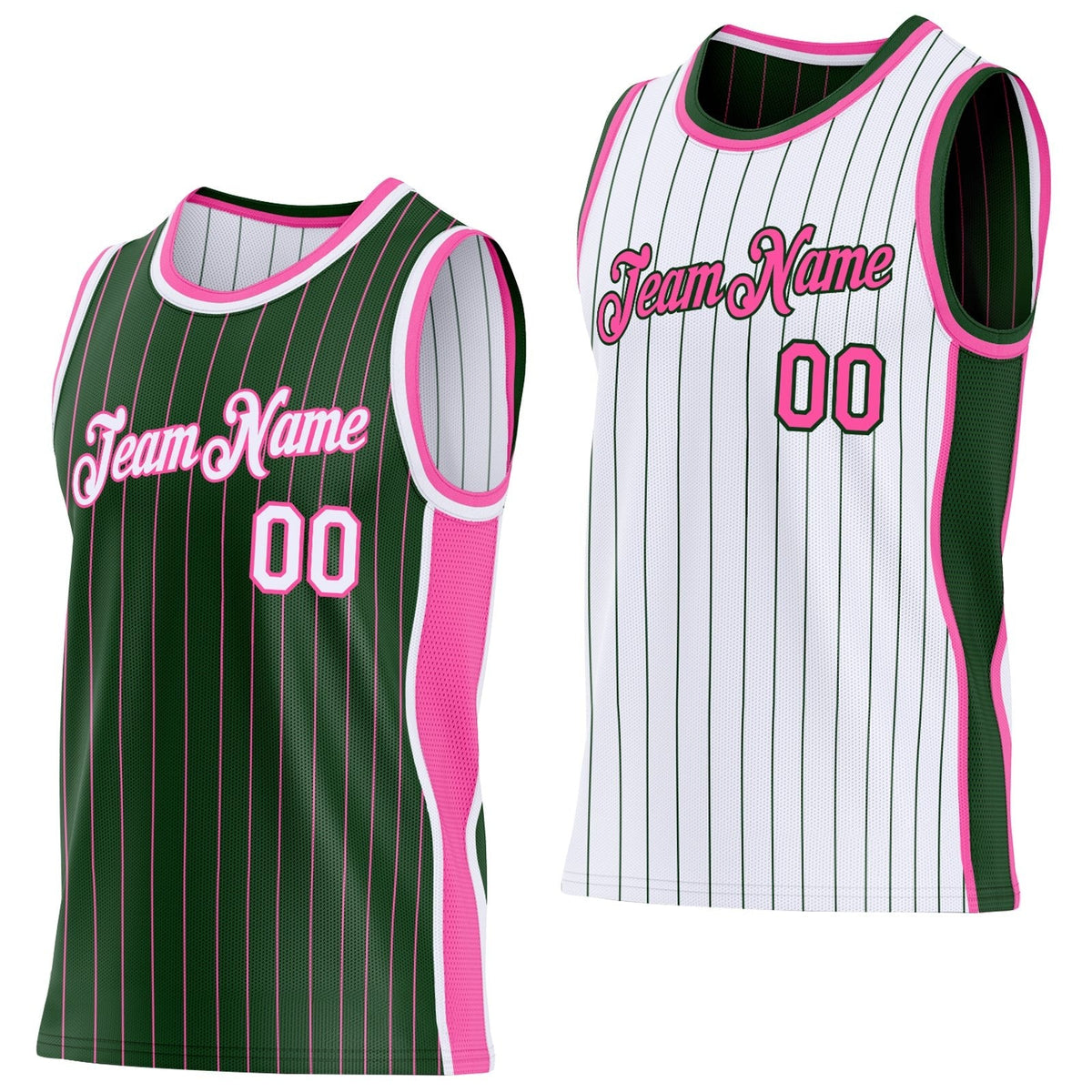 Custom Green Pink Pinstripe-White Side Panels Reversible Double Side Sublimation Basketball Set Jersey