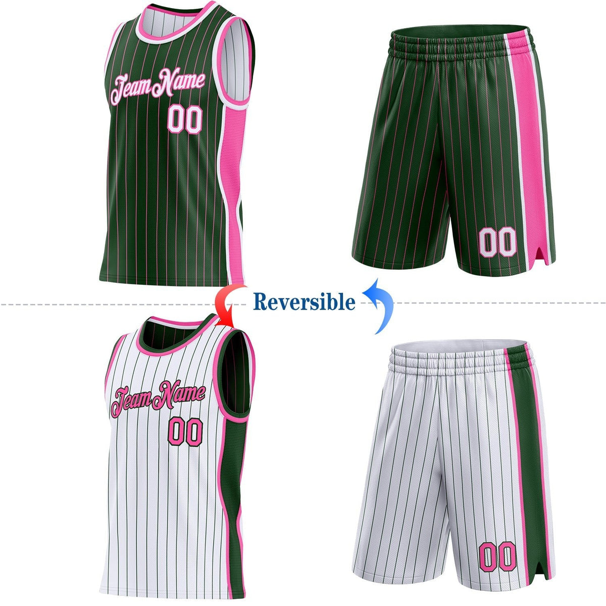 Custom Green Pink Pinstripe-White Side Panels Reversible Double Side Sublimation Basketball Set Jersey photo 2