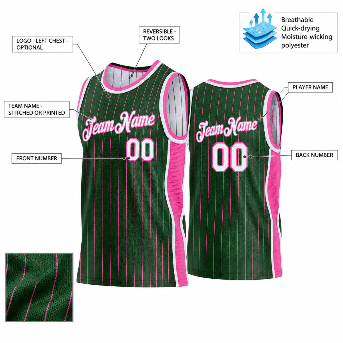 Custom Green and Pink Side Panels Pinstripe Reversible Basketball Jersey Set with White Lettering customization guide