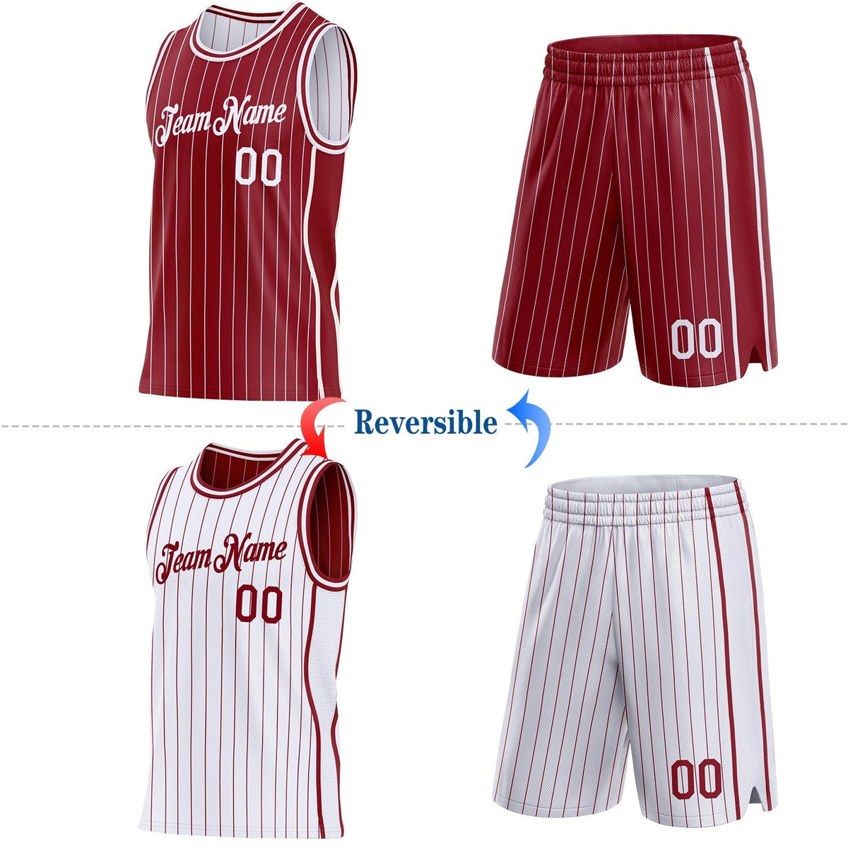 Custom Maroon White Pinstripe Side Panels Reversible Double Side Sublimation Basketball Set Jersey photo 2