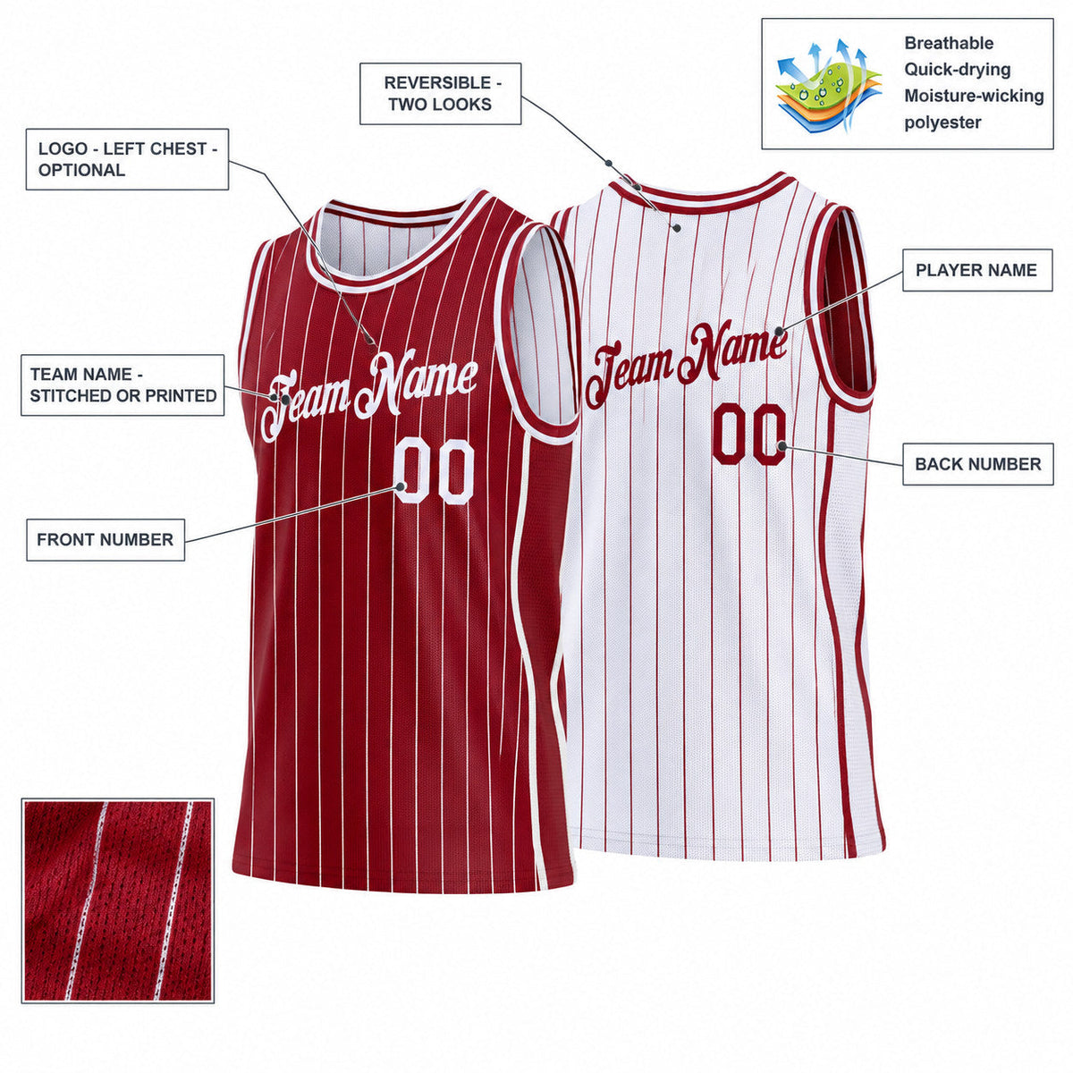 Custom Maroon Side Panels Pinstripe Reversible Basketball Jersey Set with White Lettering customization guide