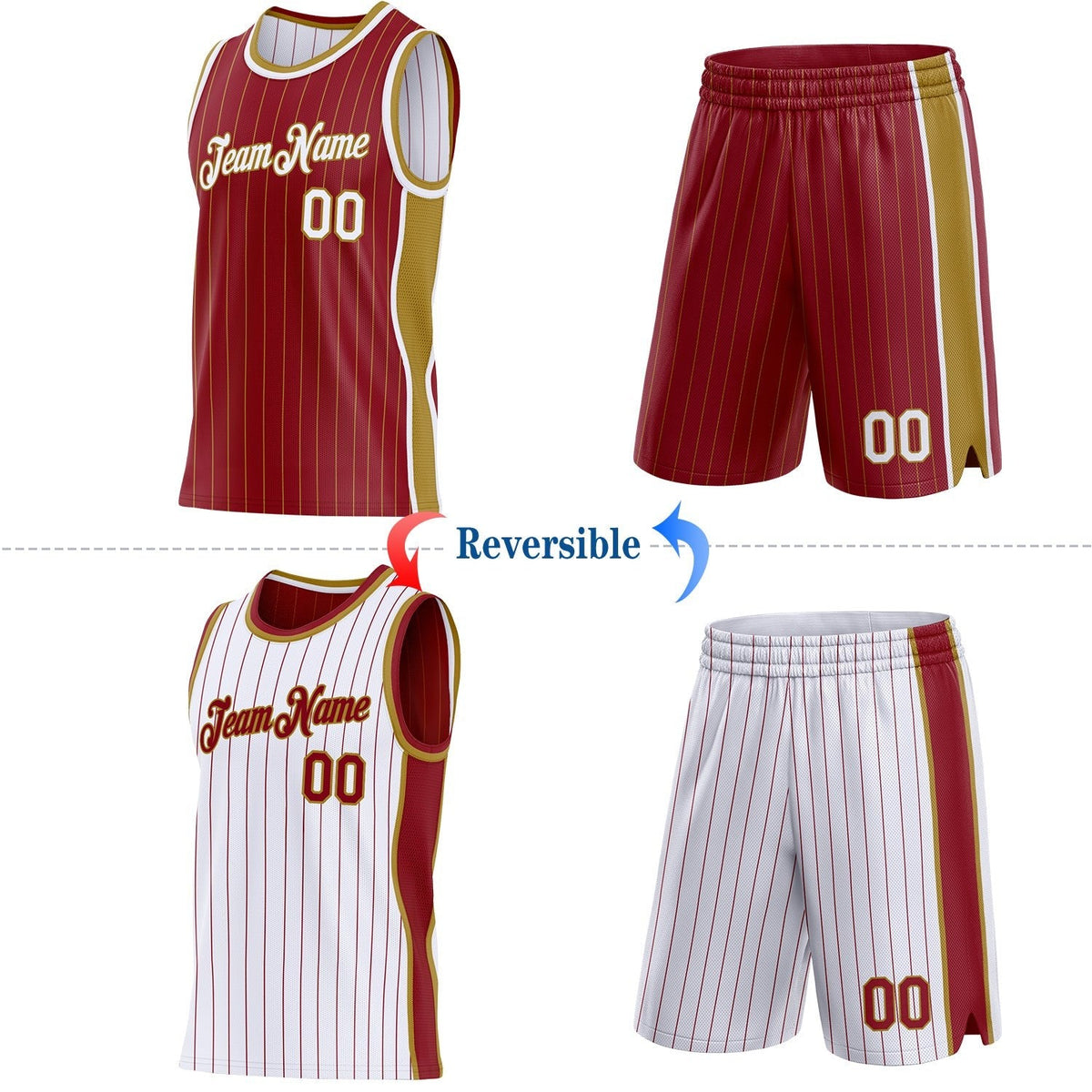 Custom Maroon Old Gold Pinstripe-White Side Panels Reversible Double Side Sublimation Basketball Set Jersey photo 2