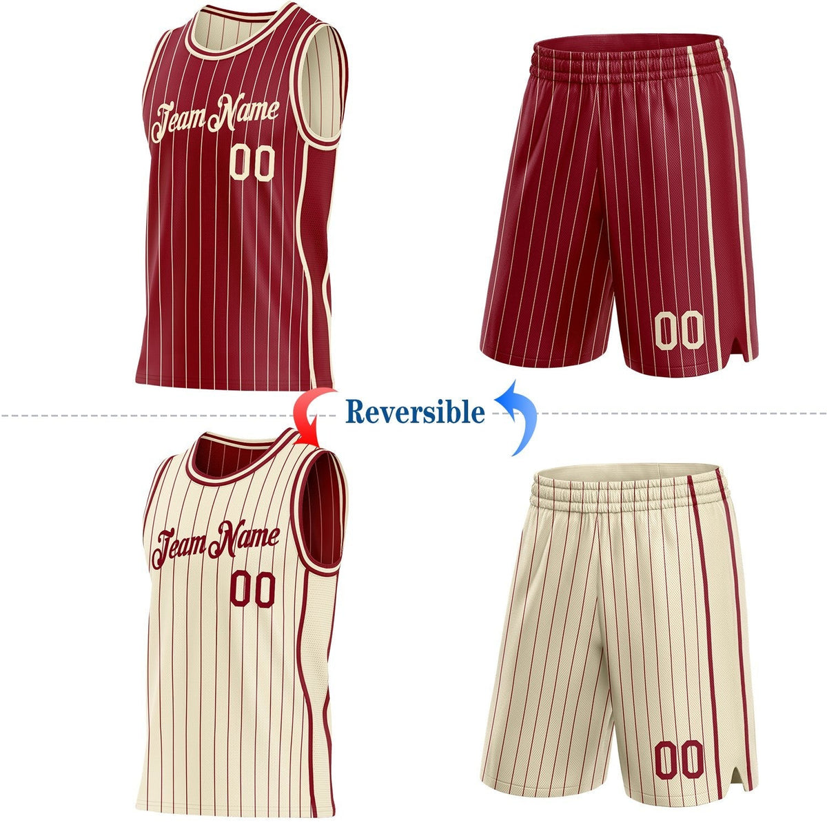 Custom Maroon Cream Pinstripe Side Panels Reversible Double Side Sublimation Basketball Set Jersey photo 2