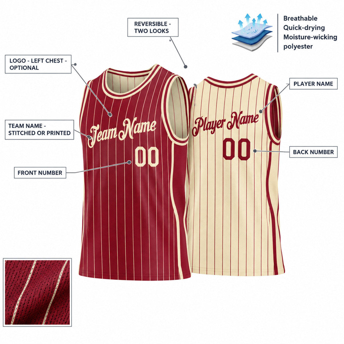 Custom Maroon Side Panels Pinstripe Reversible Basketball Jersey Set with Cream Lettering customization guide