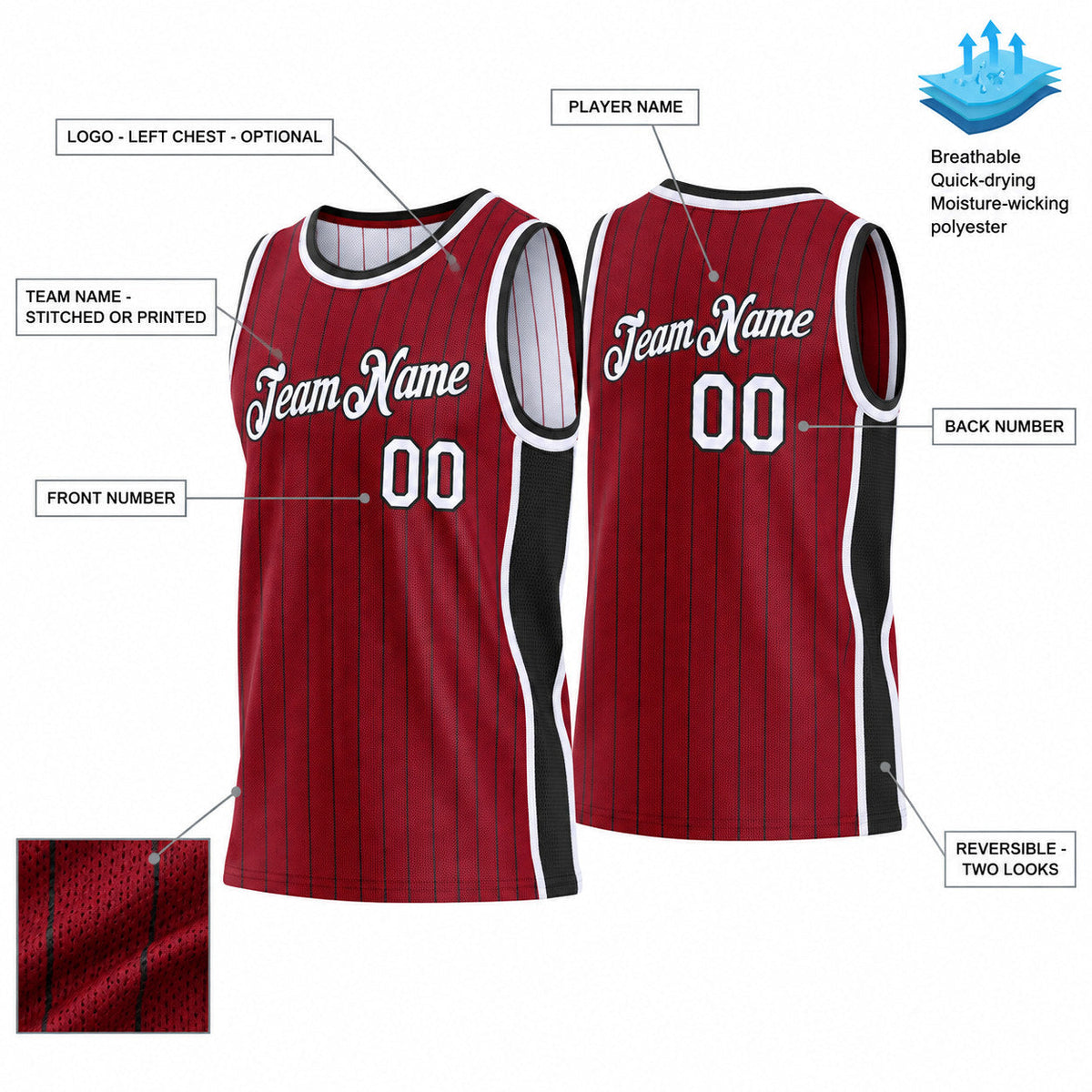 Custom Maroon and Black Side Panels Pinstripe Reversible Basketball Jersey Set with White Lettering customization guide