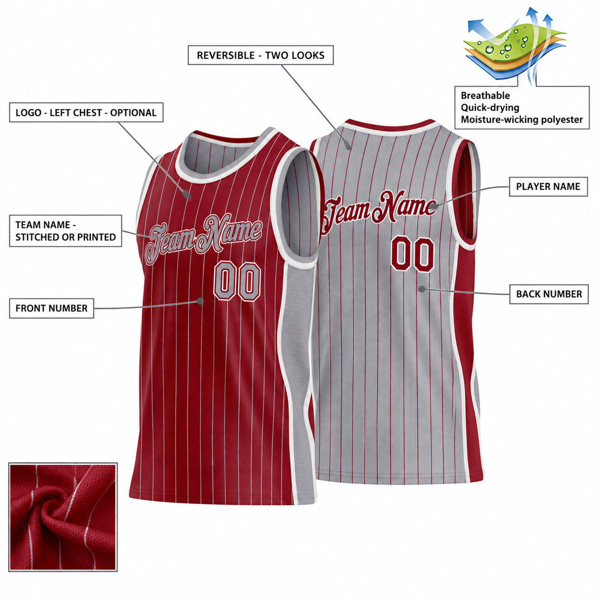 Custom Maroon and Gray Side Panels Pinstripe Reversible Basketball Jersey Set with White Lettering customization guide