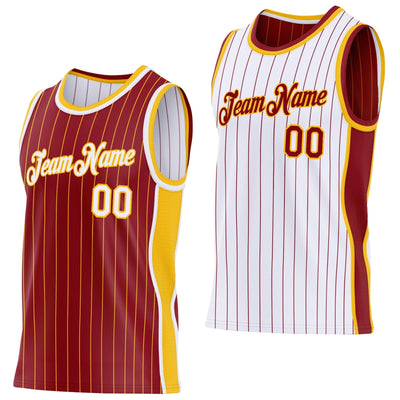 Custom Maroon and Gold Side Panels Pinstripe Reversible Basketball Jersey Set with White Lettering