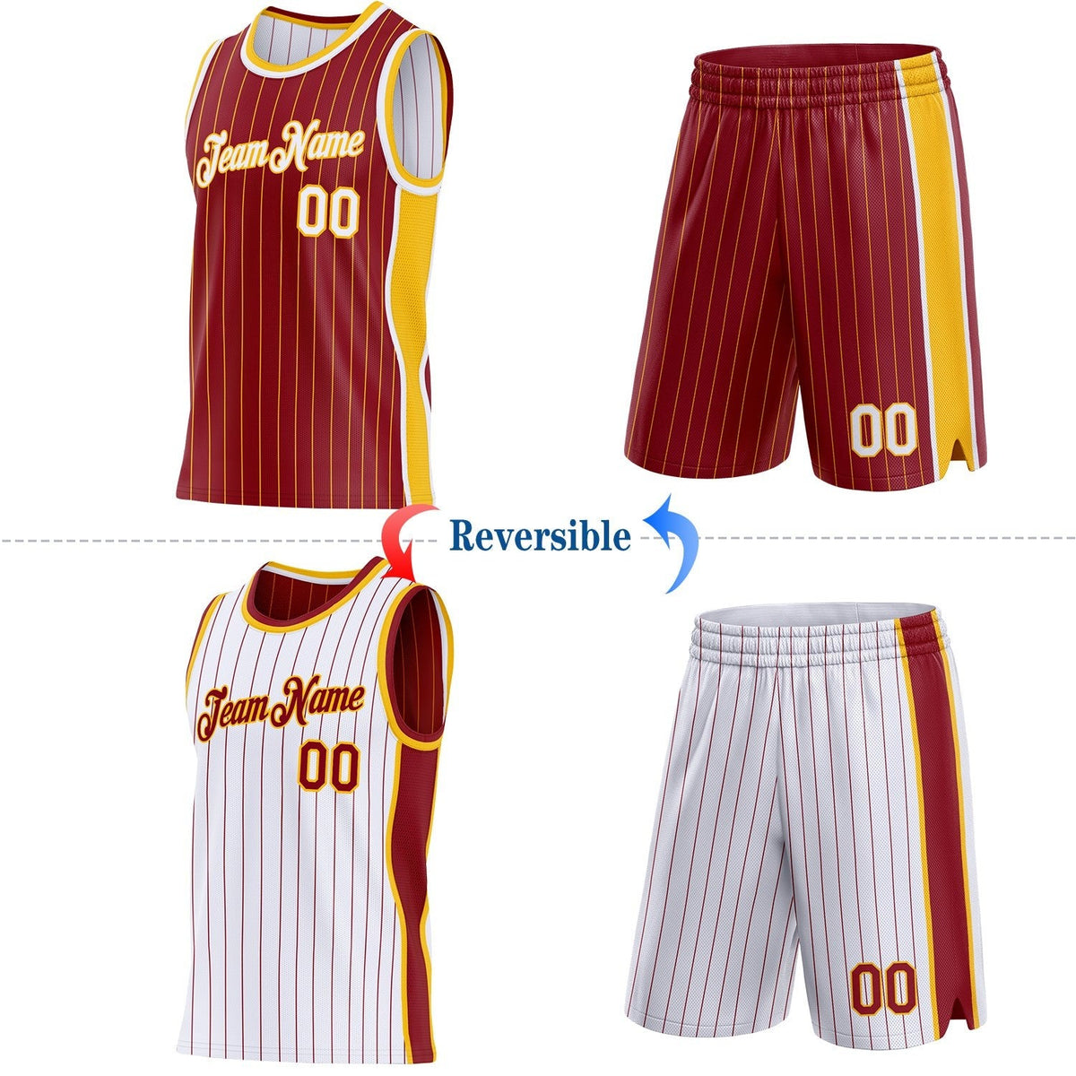 Custom Maroon Gold Pinstripe-White Side Panels Reversible Double Side Sublimation Basketball Set Jersey photo 2