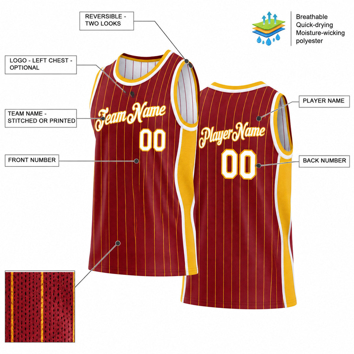 Custom Maroon and Gold Side Panels Pinstripe Reversible Basketball Jersey Set with White Lettering customization guide