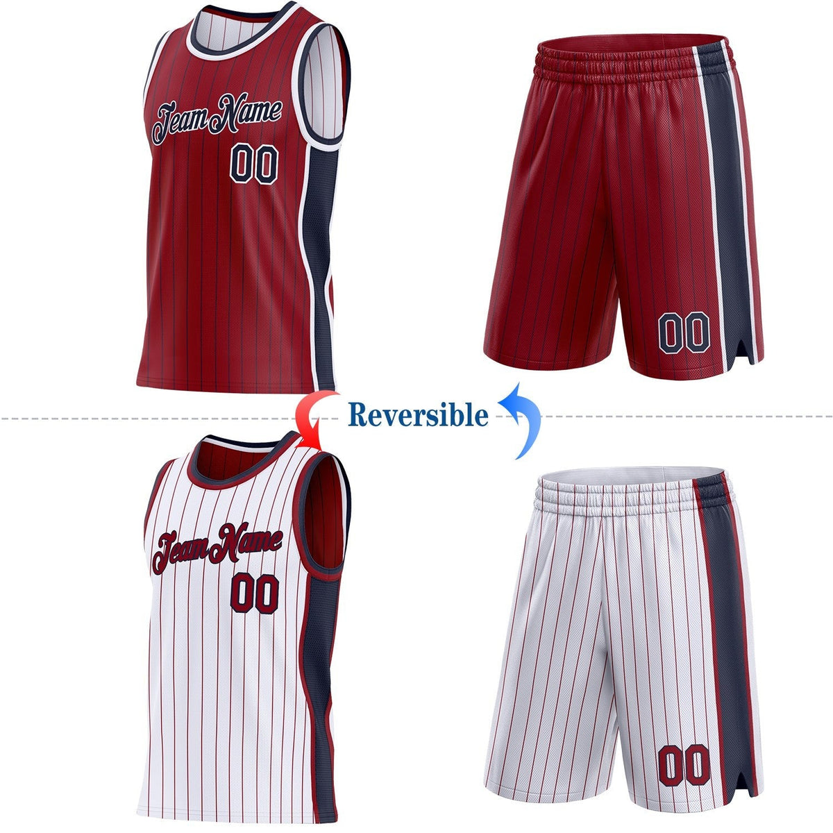 Custom Maroon Navy Pinstripe-White Side Panels Reversible Double Side Sublimation Basketball Set Jersey photo 2