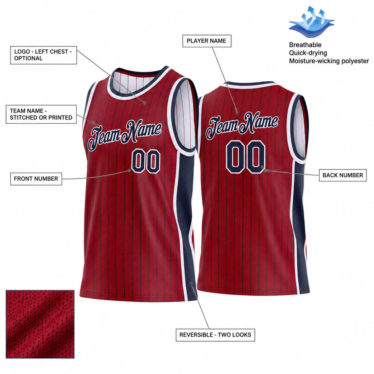 Custom Maroon and Navy Side Panels Pinstripe Reversible Basketball Jersey Set with White Lettering customization guide
