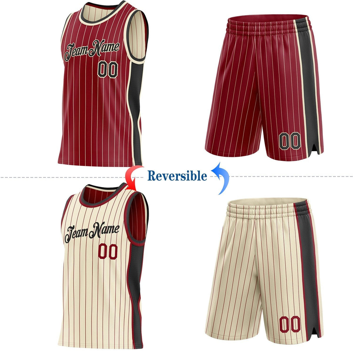 Custom Maroon Cream Pinstripe-Black Side Panels Reversible Double Side Sublimation Basketball Set Jersey photo 2