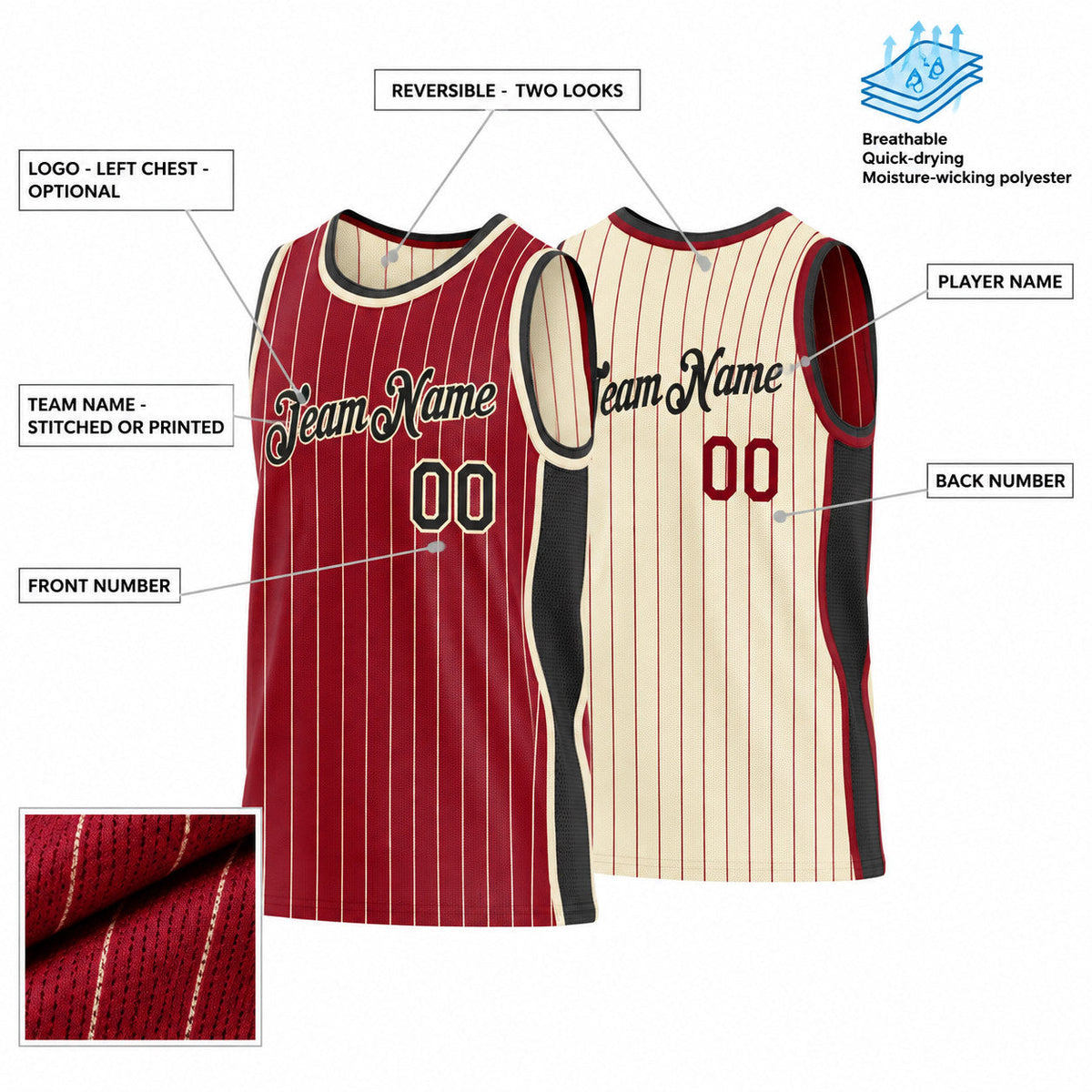Custom Maroon and Cream Side Panels Pinstripe Reversible Basketball Jersey Set with Black Lettering customization guide