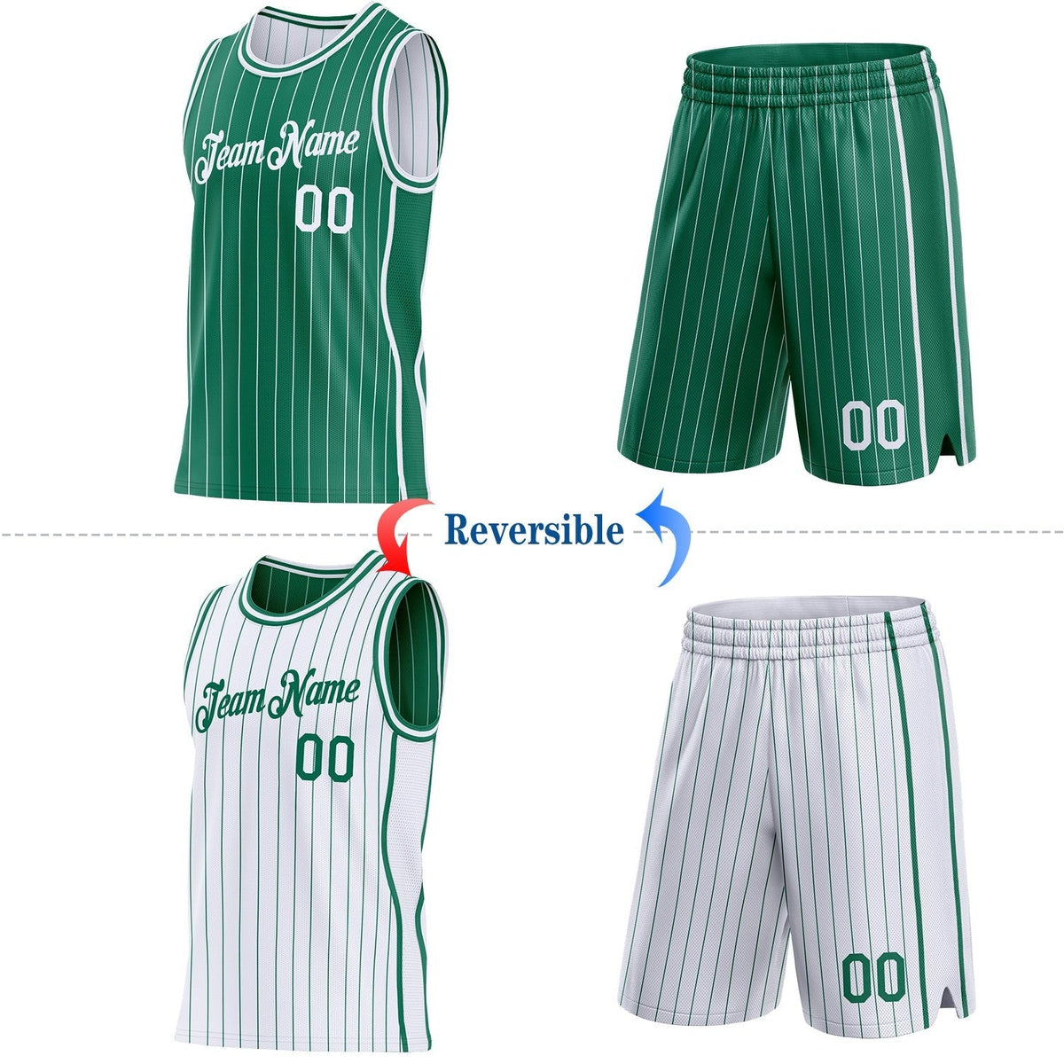 Custom Kelly Green White Pinstripe Side Panels Reversible Double Side Sublimation Basketball Set Jersey photo 2