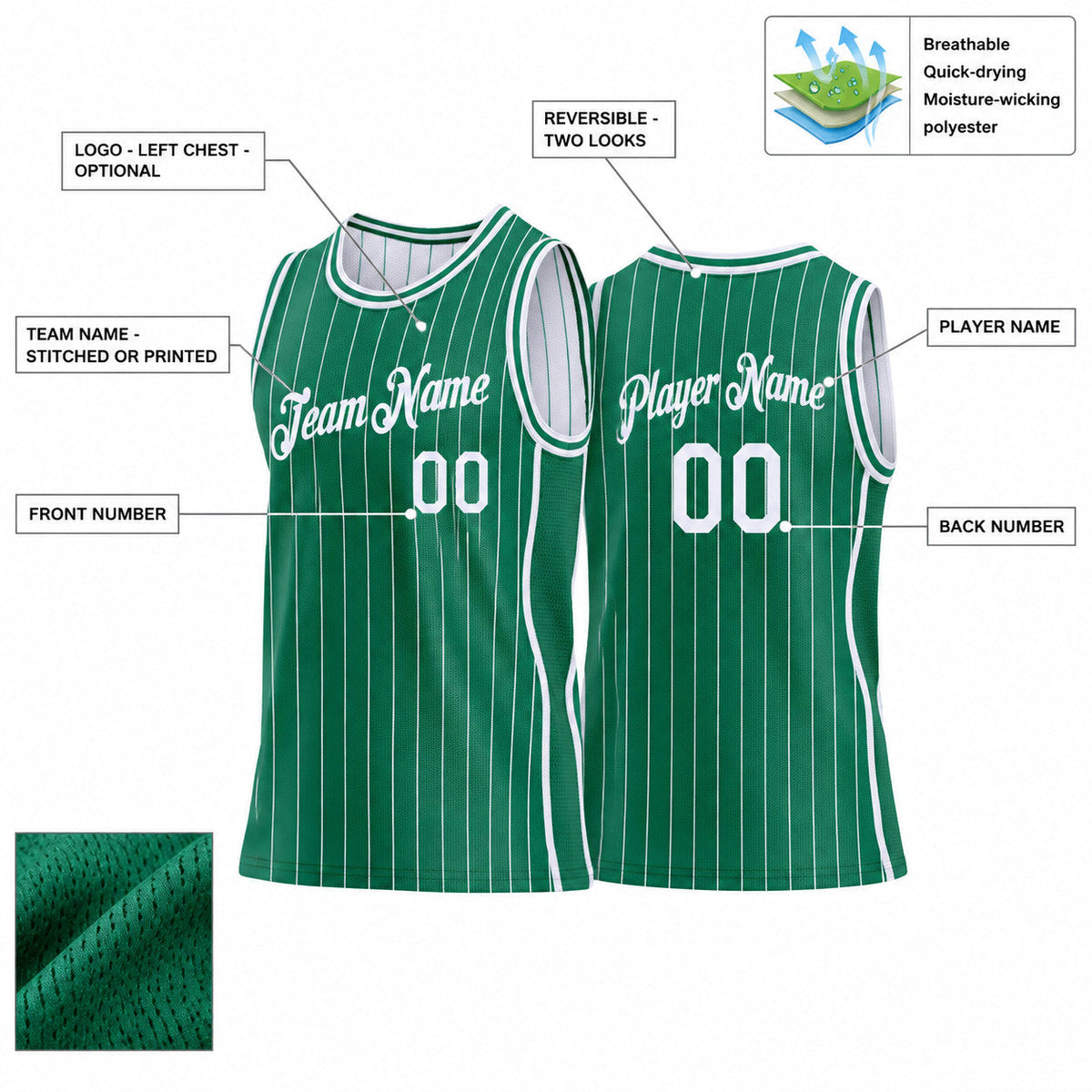 Custom Kelly Green Side Panels Pinstripe Reversible Basketball Jersey Set with White Lettering customization guide