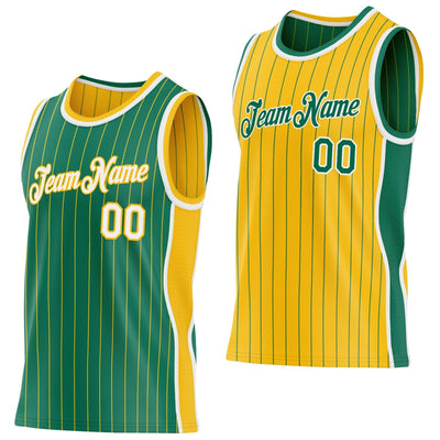 Custom Kelly Green and Gold Side Panels Basketball Jersey Set with White Lettering