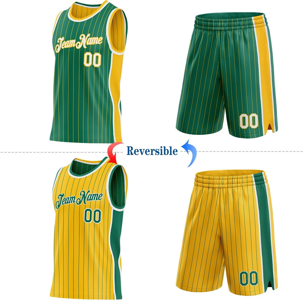 Custom Kelly Green Gold Pinstripe-White Side Panels Reversible Double Side Sublimation Basketball Set Jersey photo 2