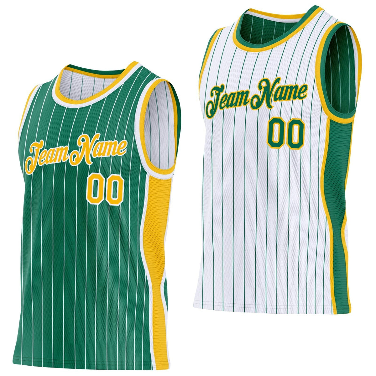 Custom Kelly Green White Pinstripe-Gold Side Panels Reversible Double Side Sublimation Basketball Set Jersey