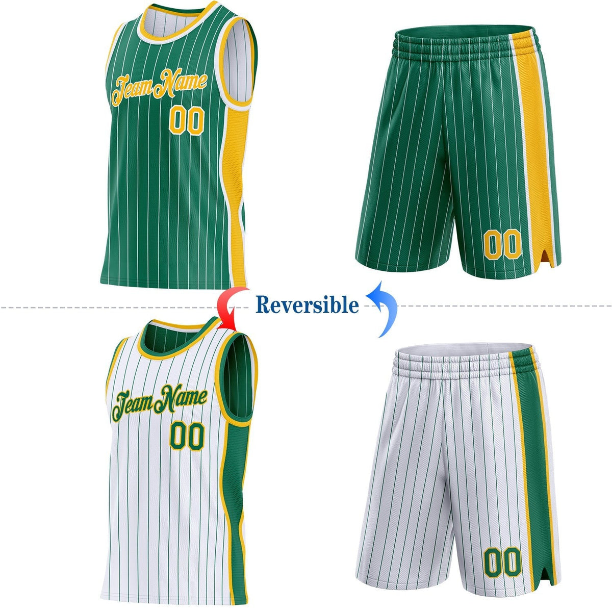 Custom Kelly Green White Pinstripe-Gold Side Panels Reversible Double Side Sublimation Basketball Set Jersey photo 2