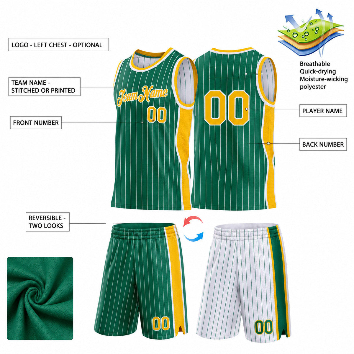 Custom Kelly Green and White Side Panels Basketball Jersey Set with Gold Lettering customization guide