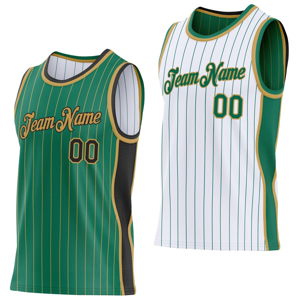 Custom Kelly Green Old Gold Pinstripe-Black Side Panels Reversible Double Side Sublimation Basketball Set Jersey