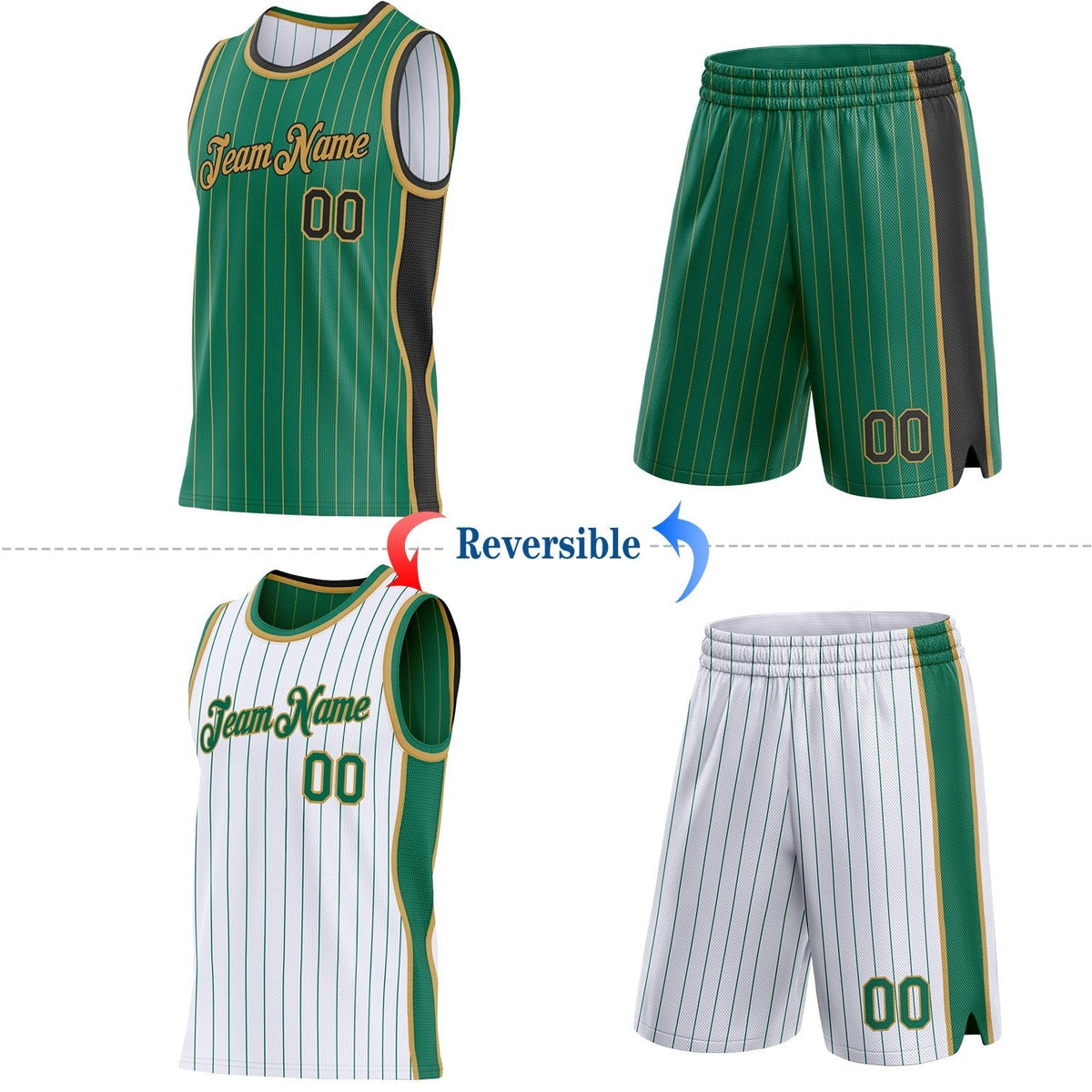 Custom Kelly Green Old Gold Pinstripe-Black Side Panels Reversible Double Side Sublimation Basketball Set Jersey photo 2