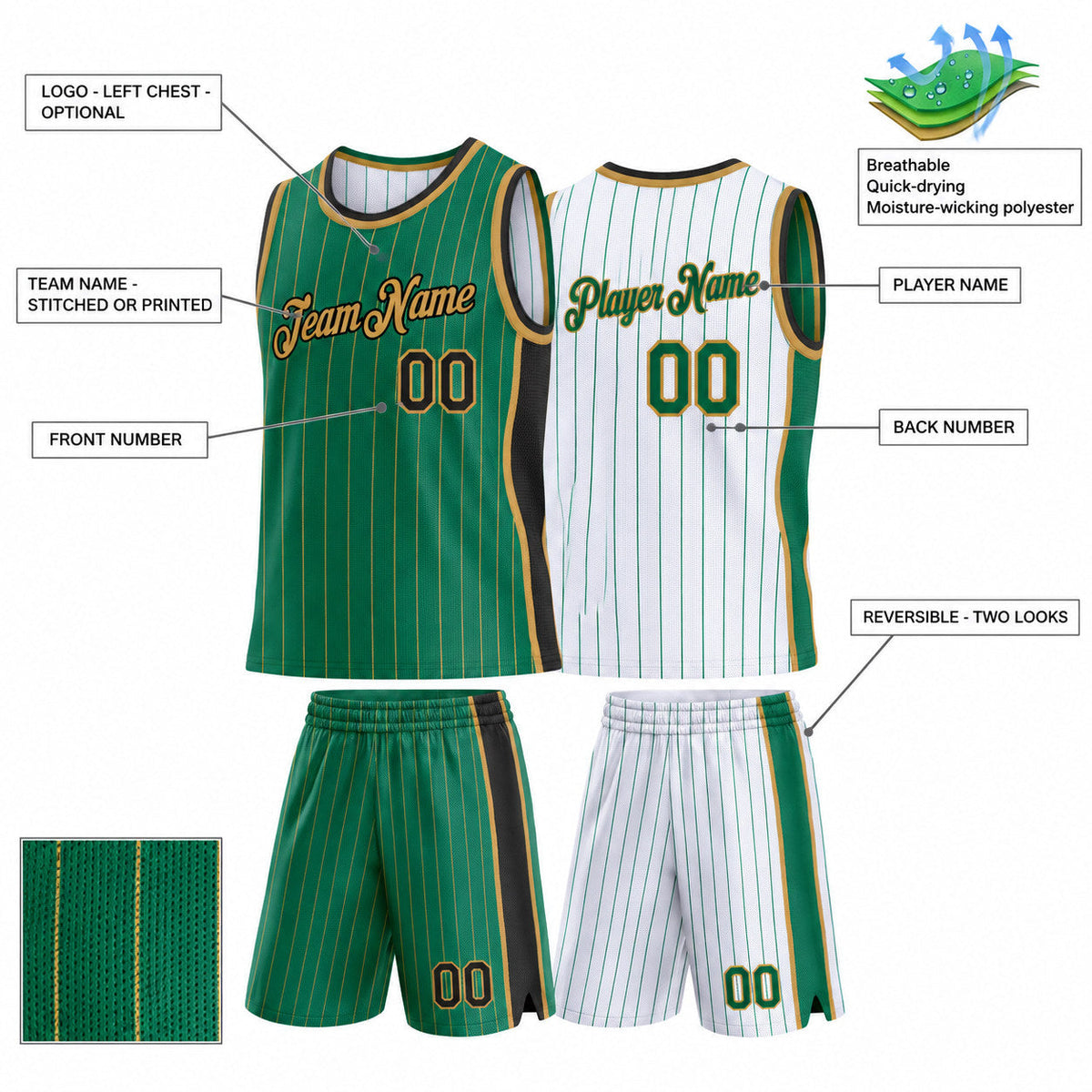 Custom Kelly Green and Old Gold Side Panels Basketball Jersey Set with Black Lettering customization guide
