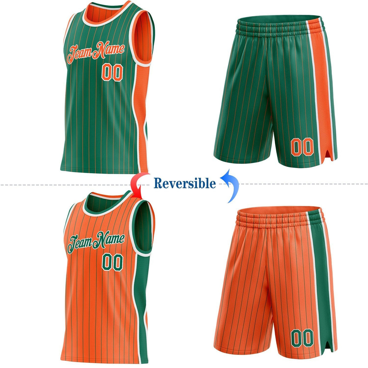 Custom Kelly Green Orange Pinstripe-White Side Panels Reversible Double Side Sublimation Basketball Set Jersey photo 2