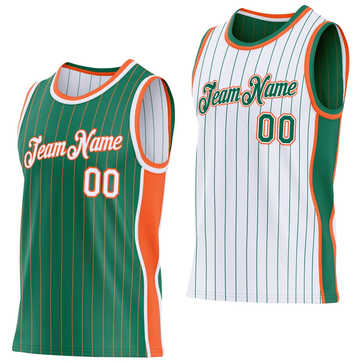 Custom Kelly Green Orange Pinstripe-White Side Panels Reversible Double Side Sublimation Basketball Set Jersey