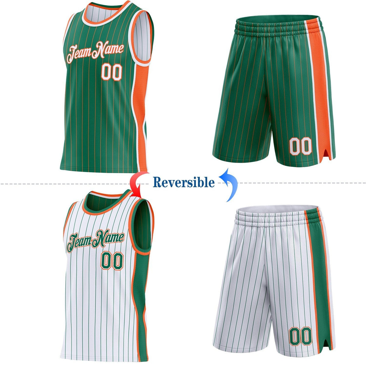 Custom Kelly Green Orange Pinstripe-White Side Panels Reversible Double Side Sublimation Basketball Set Jersey photo 2