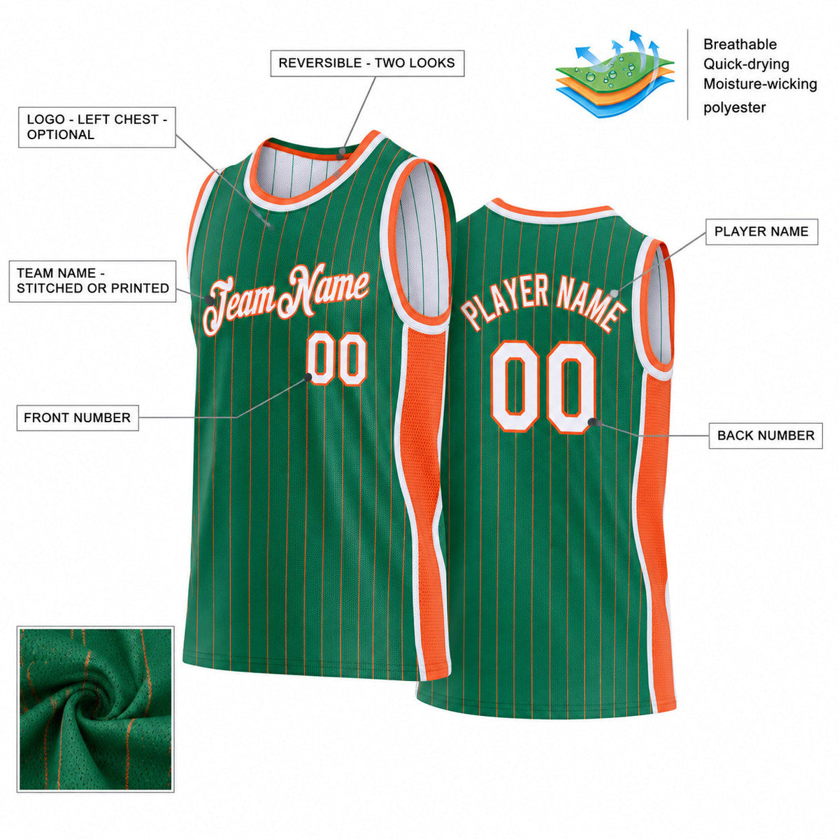 Custom Kelly Green and Orange Side Panels Basketball Jersey Set with White Lettering Design 1081 customization guide