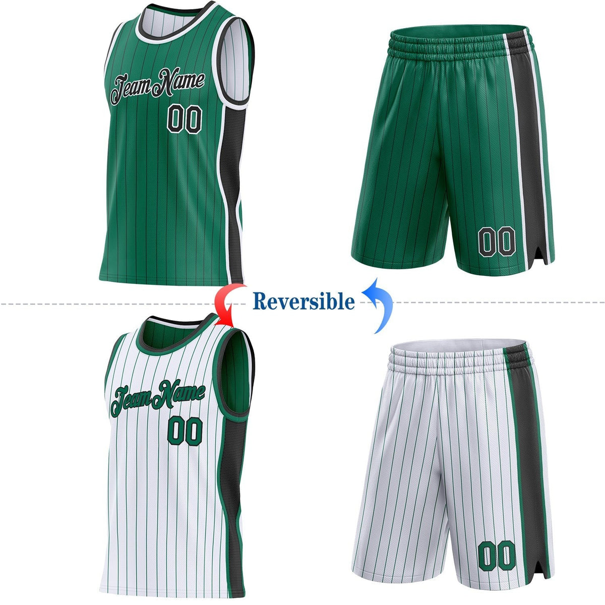 Custom Kelly Green Black Pinstripe-White Side Panels Reversible Double Side Sublimation Basketball Set Jersey photo 2