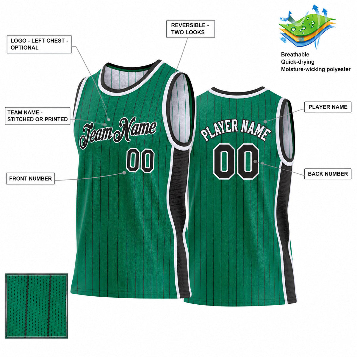 Custom Kelly Green and Black Side Panels Basketball Jersey Set with White Lettering customization guide