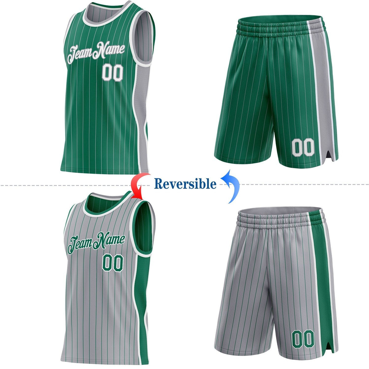 Custom Kelly Green Gray Pinstripe-White Side Panels Reversible Double Side Sublimation Basketball Set Jersey photo 2